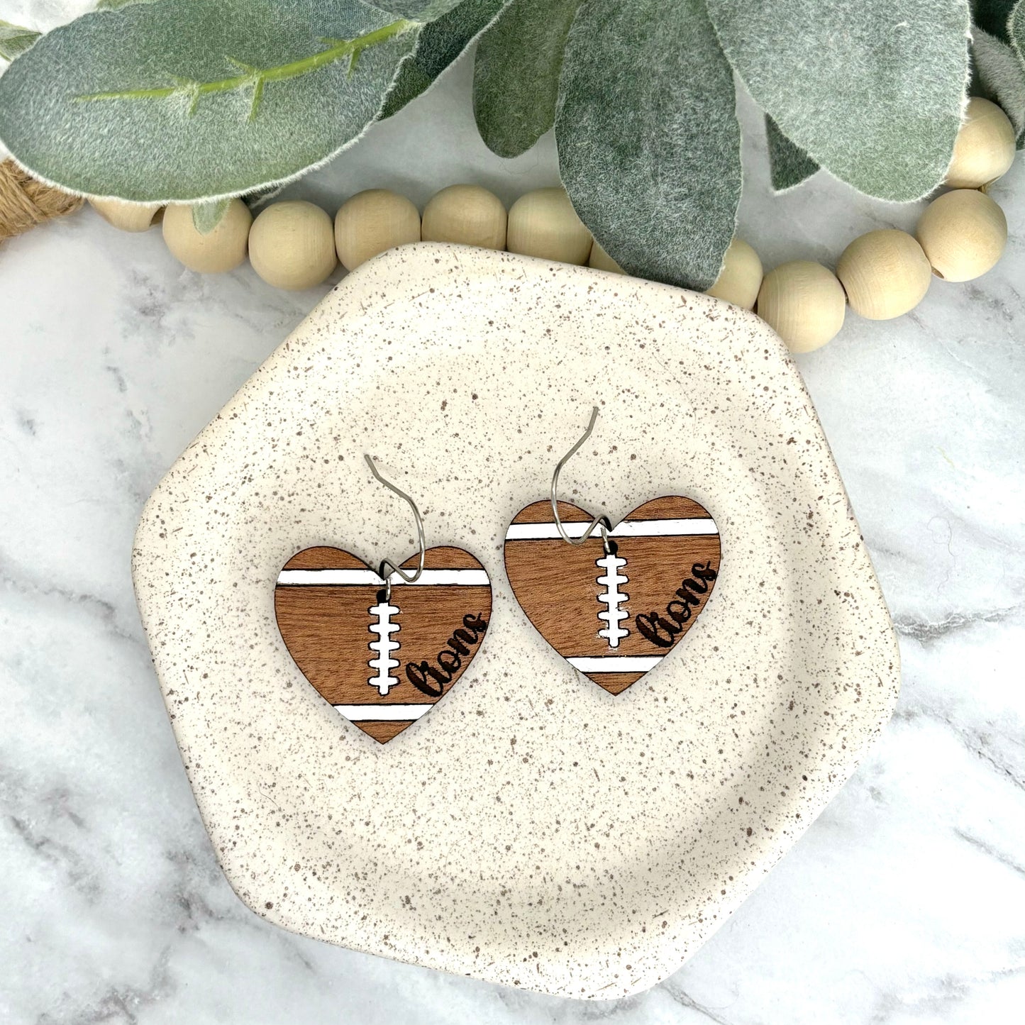 Lions School Spirit Heart Football Earrings