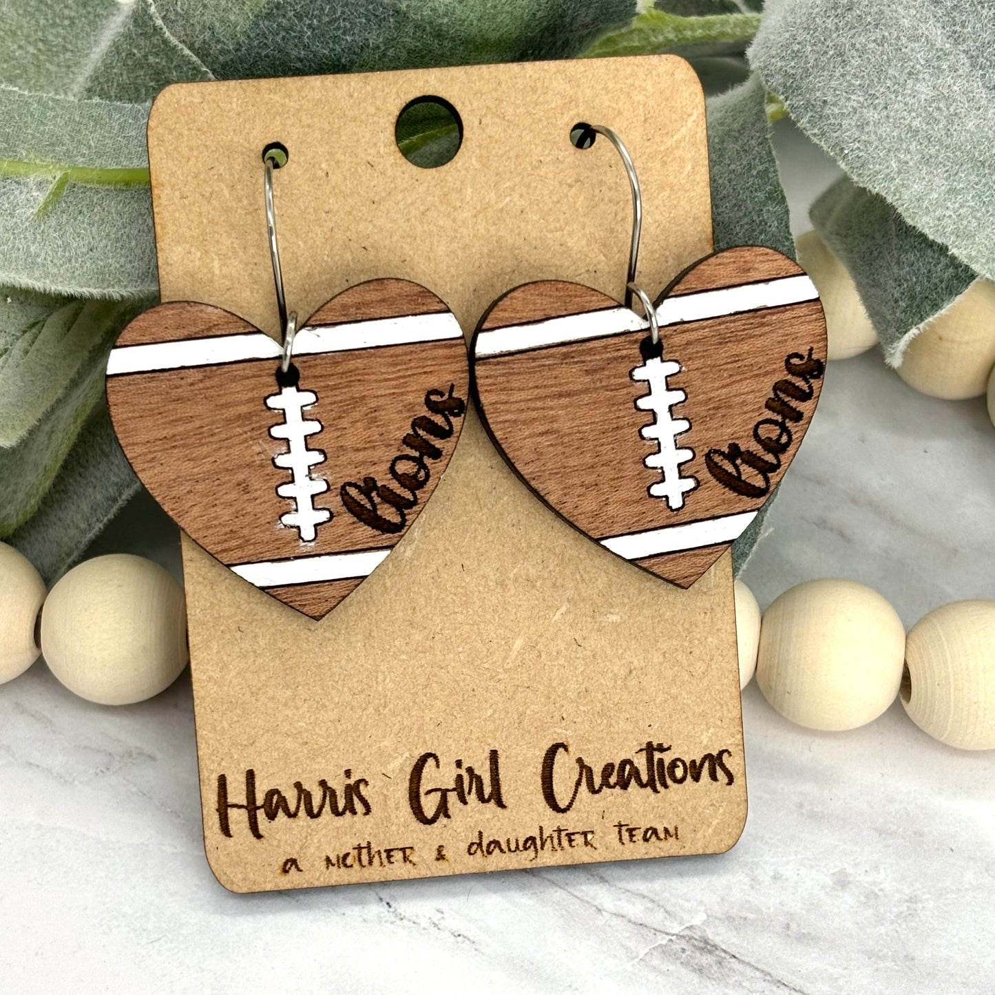 Lions School Spirit Heart Football Earrings