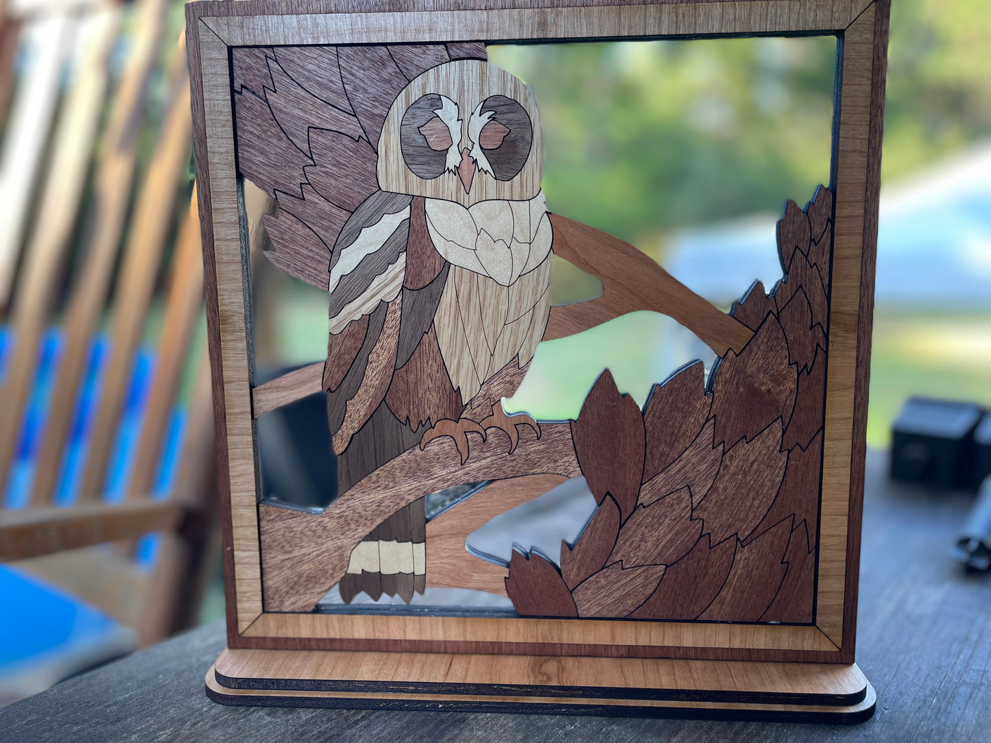 Owl Wood Art 10”x10” on stand