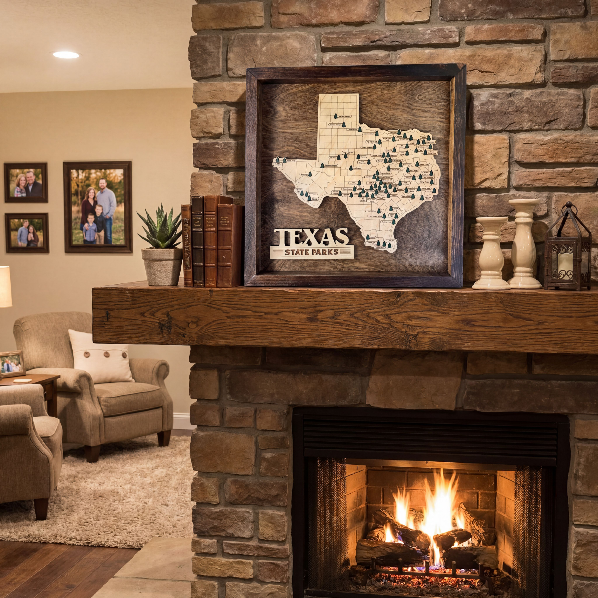 Texas State Parks framed travel map displayed on cozy stone fireplace mantel – rustic home décor gift – Harris Girl Creations