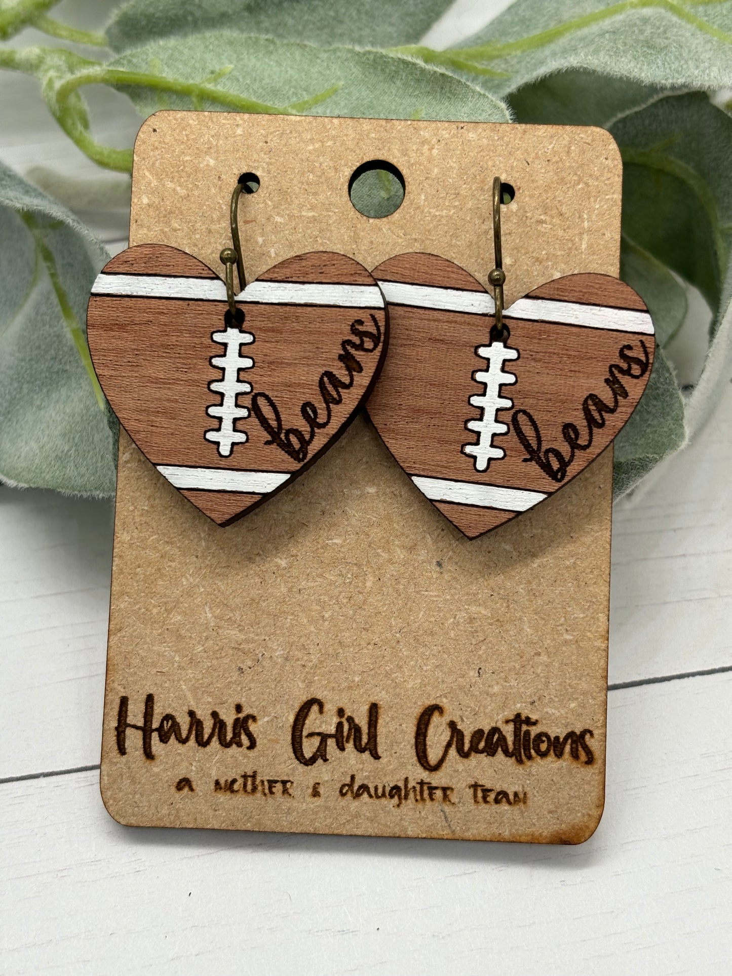 Bears School Spirit Heart Football Earrings