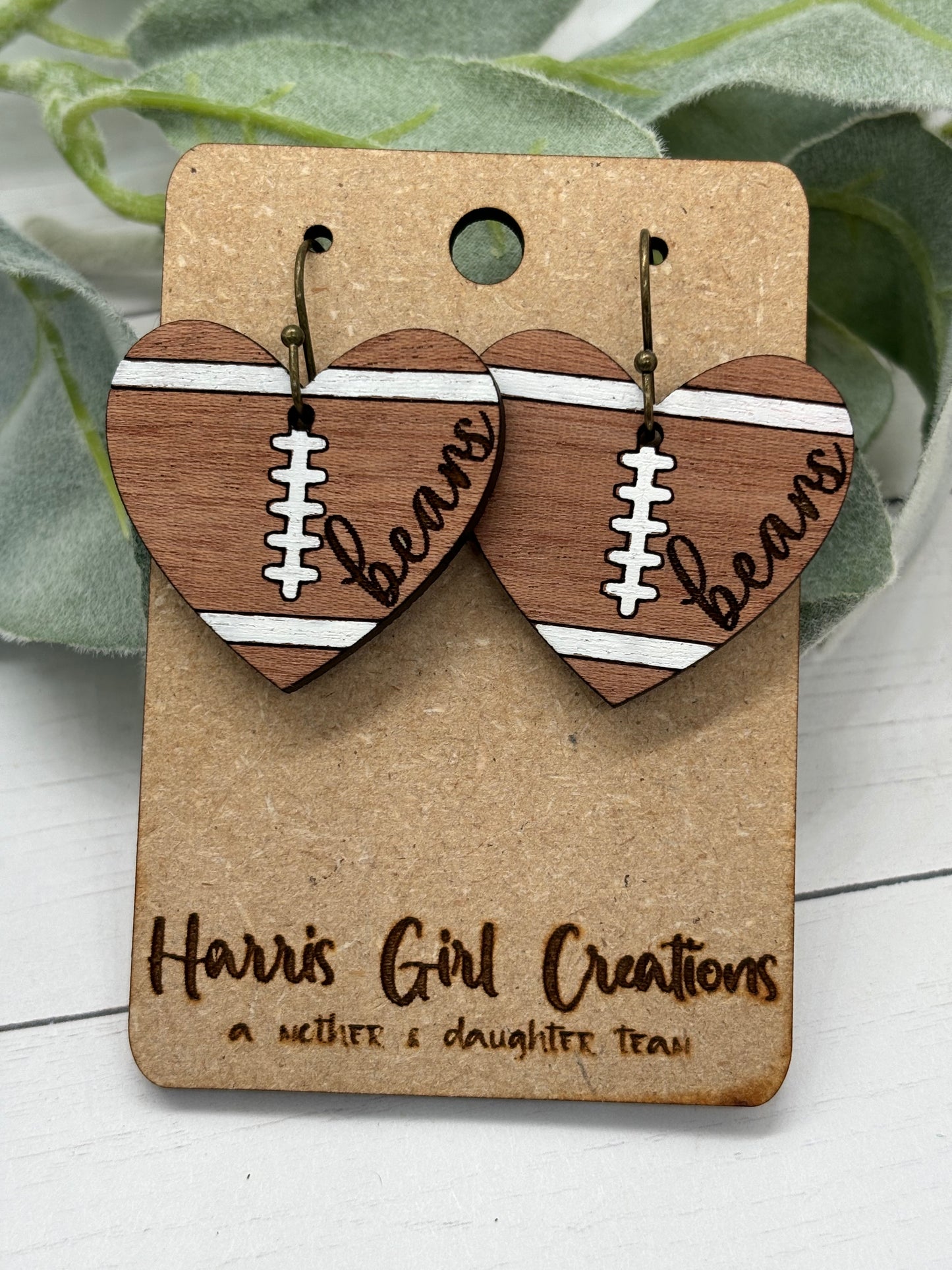 Bears School Spirit Heart Football Earrings