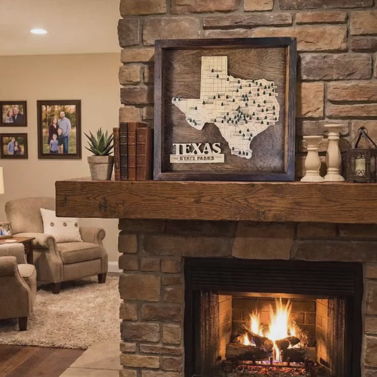 Texas State Parks framed travel map – see how the wooden map and adhesive tree markers look as rustic home décor – Harris Girl Creations