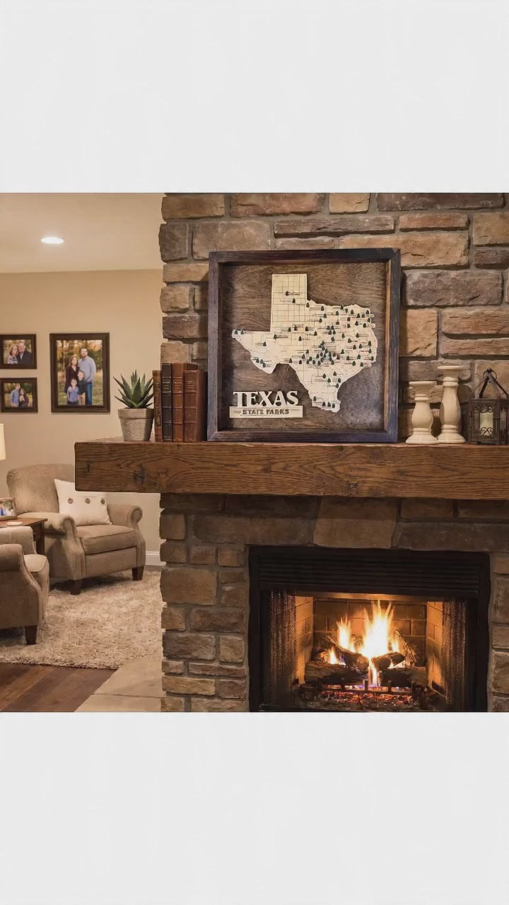 Texas State Parks framed travel map – see how the wooden map and adhesive tree markers look as rustic home décor – Harris Girl Creations